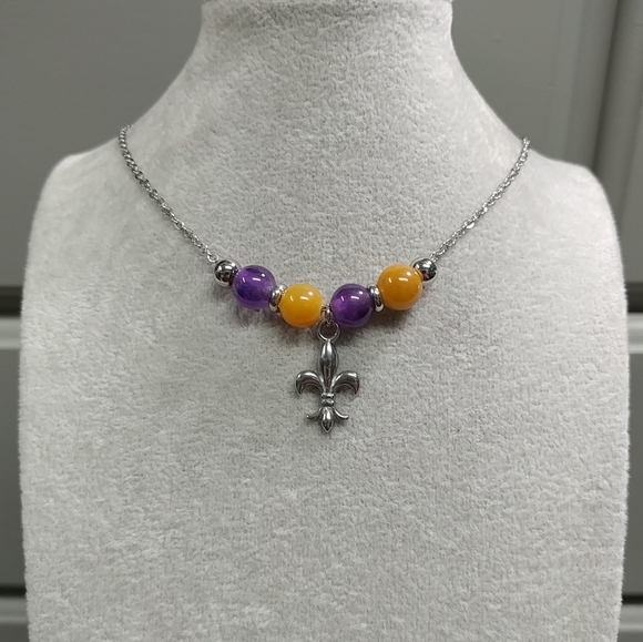 Fleur De Lis Amethyst Jade Bead Necklace Natural Gemstone LSU Purple & Gold NOLA - Picture 17 of 17